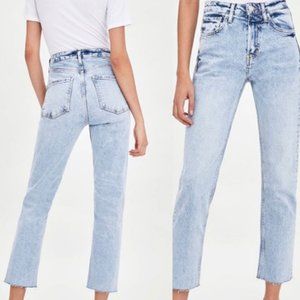 ZARA Raw Crop High Waisted Button Fly Acid-wash Mom Jeans